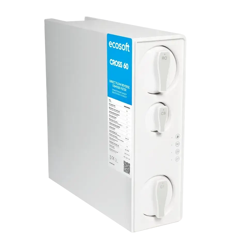 Sistem de filtrare cu osmoză inversă debit direct Ecosoft Cross60, membrană 400 GPD, filtrare 4 stadii, baterie cu indicator schimb consumabile, pompă booster inclusă, fără bazin