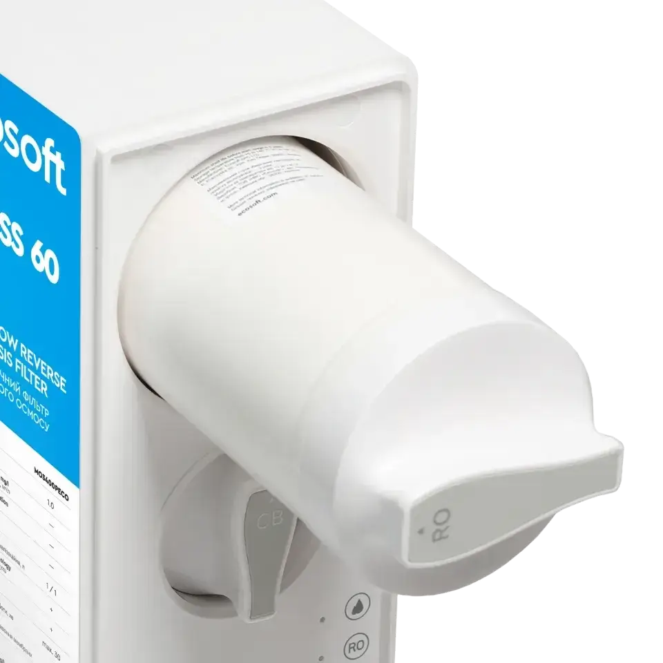 Sistem de filtrare cu osmoză inversă debit direct Ecosoft Cross60, membrană 400 GPD, filtrare 4 stadii, baterie cu indicator schimb consumabile, pompă booster inclusă, fără bazin