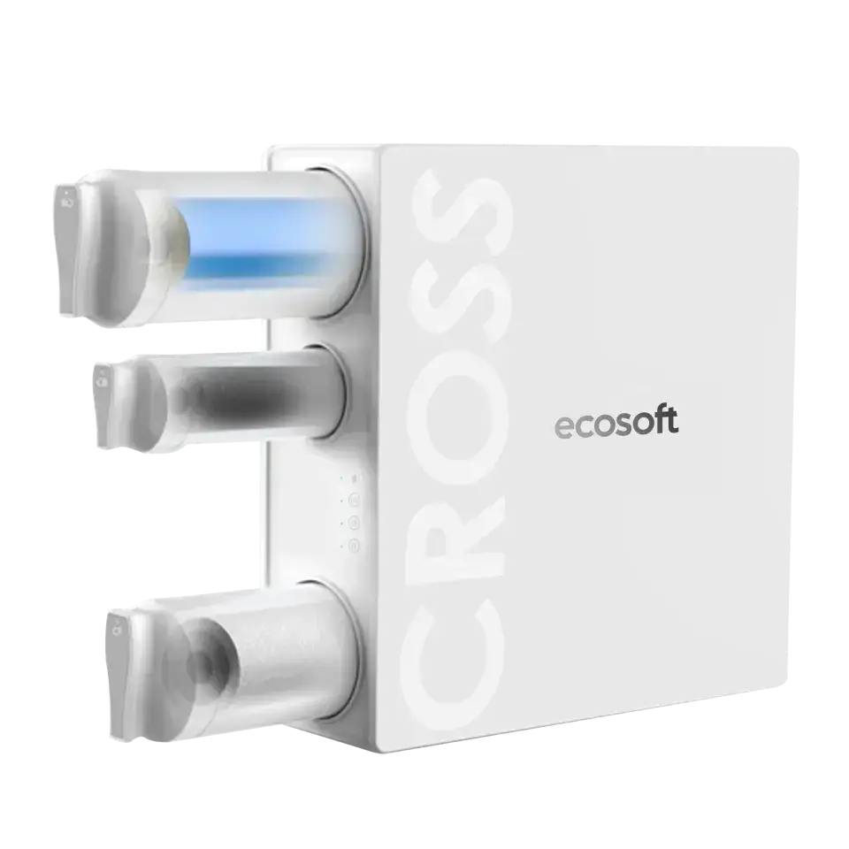 Sistem de filtrare cu osmoză inversă debit direct Ecosoft Cross60, membrană 400 GPD, filtrare 4 stadii, baterie cu indicator schimb consumabile, pompă booster inclusă, fără bazin