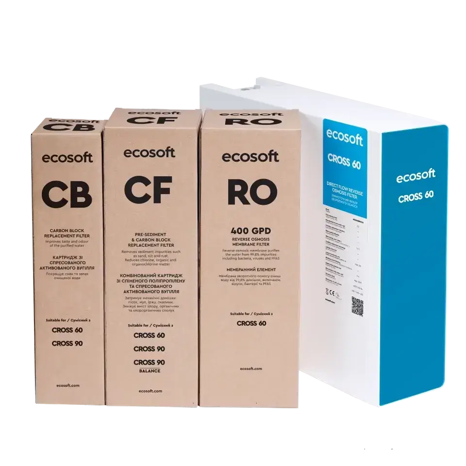 Sistem de filtrare cu osmoză inversă debit direct Ecosoft Cross60, membrană 400 GPD, filtrare 4 stadii, baterie cu indicator schimb consumabile, pompă booster inclusă, fără bazin