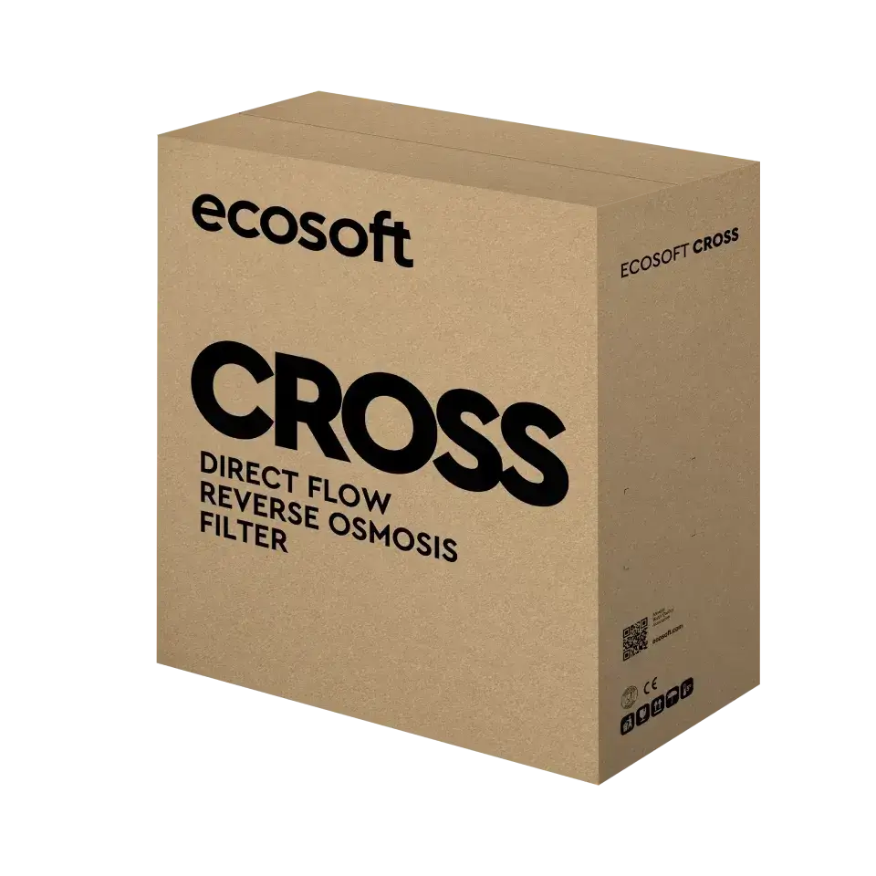 Sistem de filtrare cu osmoză inversă debit direct Ecosoft Cross60, membrană 400 GPD, filtrare 4 stadii, baterie cu indicator schimb consumabile, pompă booster inclusă, fără bazin