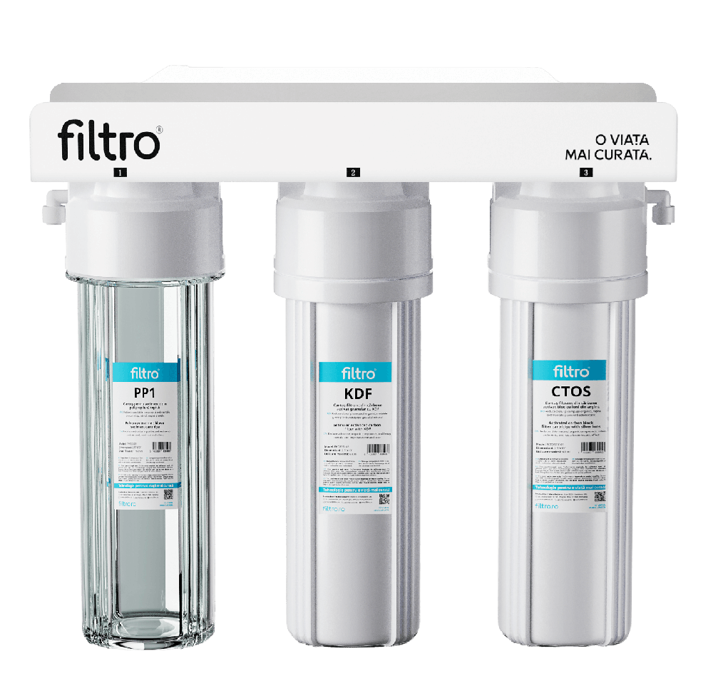 Sistem de filtrare apa sub chiuveta FILTRO Standard MF3, 3 stadii cu cartuse clasice, ultrafiltrare 1 micron, carcasa transparenta din plastic BPA Free, baterie inclusa