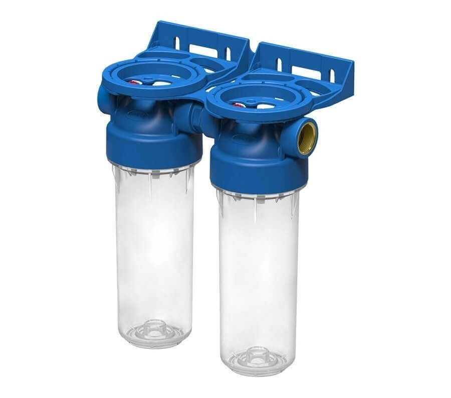 Set 2 carcase filtrare transparente Ecosoft 2P ECO Duplex 10 inch, conexiune alama 3/4 inch, fabricate in Italia