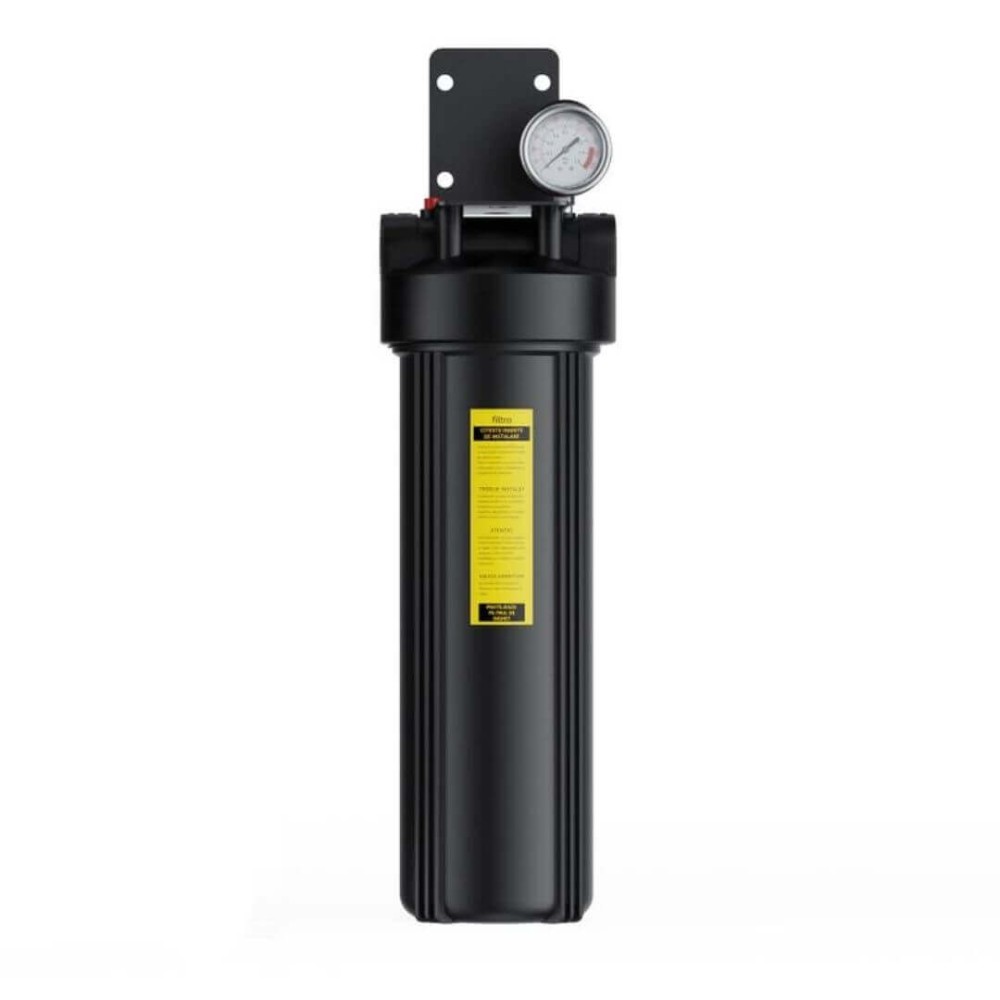 Carcasa filtrare apa FILTRO Big Black 20 inch, conexiune 1 inch, cu manometru, garnitura dubla, cheie de strangere, supapa presiune si suport metalic din polipropilena
