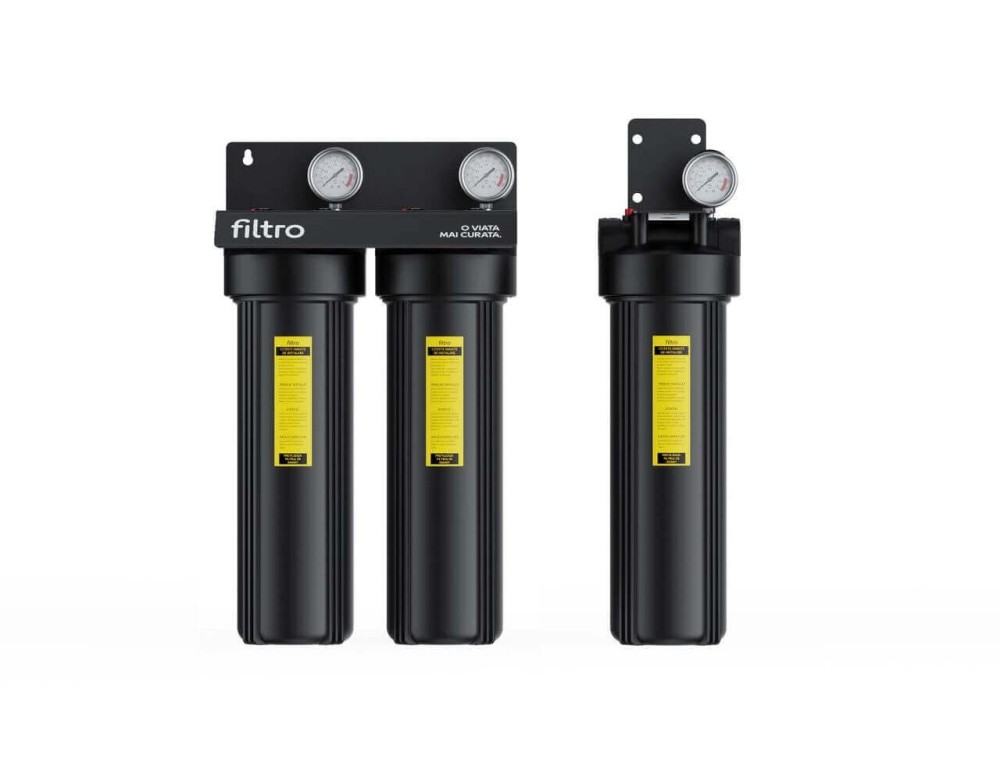 Carcasa filtrare apa FILTRO Big Black 20 inch, conexiune 1 inch, cu manometru, garnitura dubla, cheie de strangere, supapa presiune si suport metalic din polipropilena