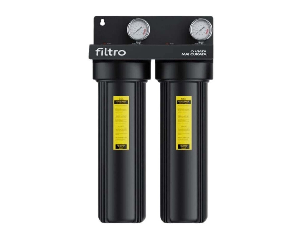 Set 2 carcase filtrare FILTRO BIG Black 20 TWIN, conexiune 1 toli cu filet alama, manometre, garnituri duble, supapa presiune si cadru metalic