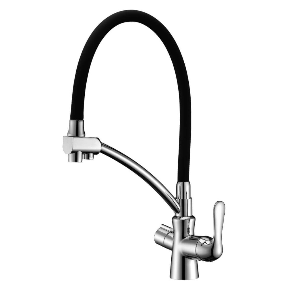 Baterie de bucatarie cu 3 cai Premier Flex Bridge, finisaj negru crom, teava flexibila cu dus, flux separat pentru apa filtrata si apa menajera rece si calda