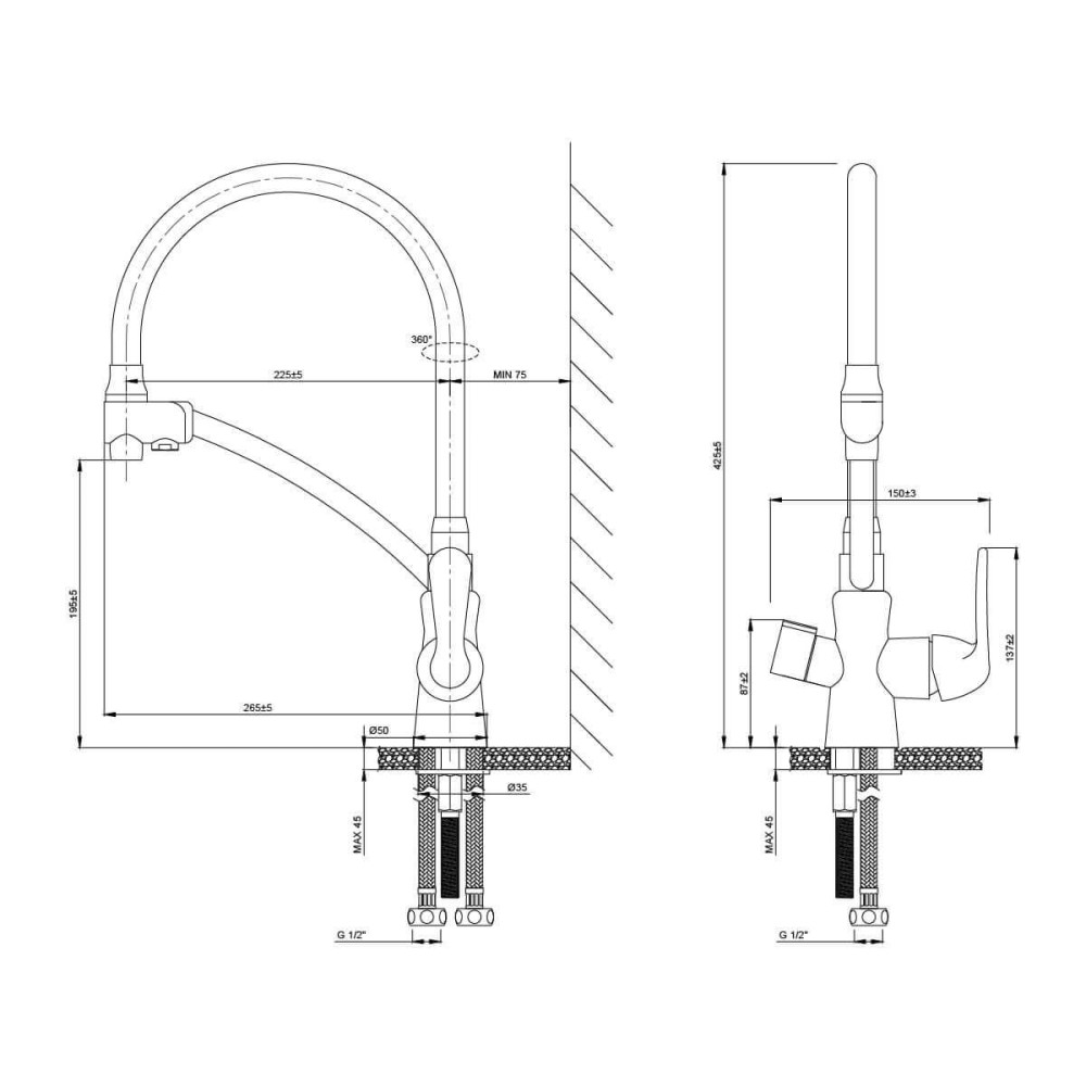 Baterie de bucatarie cu 3 cai Premier Flex Bridge, finisaj negru crom, teava flexibila cu dus, flux separat pentru apa filtrata si apa menajera rece si calda