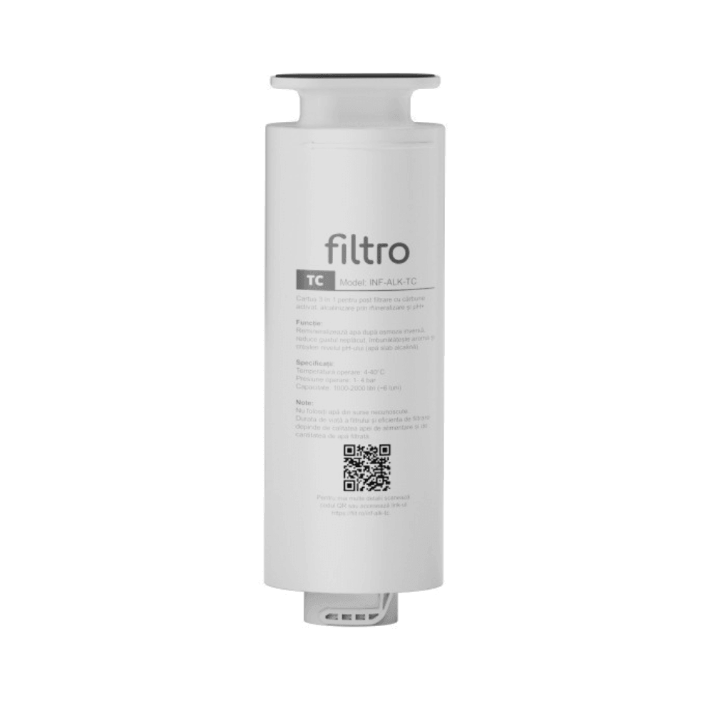 Cartuș postfiltrare 3 în 1 FILTRO INFINITY Alk+ DF800, cărbune activat și mineralizare, ridică pH-ul peste 8.5, schimbare rapidă fără unelte