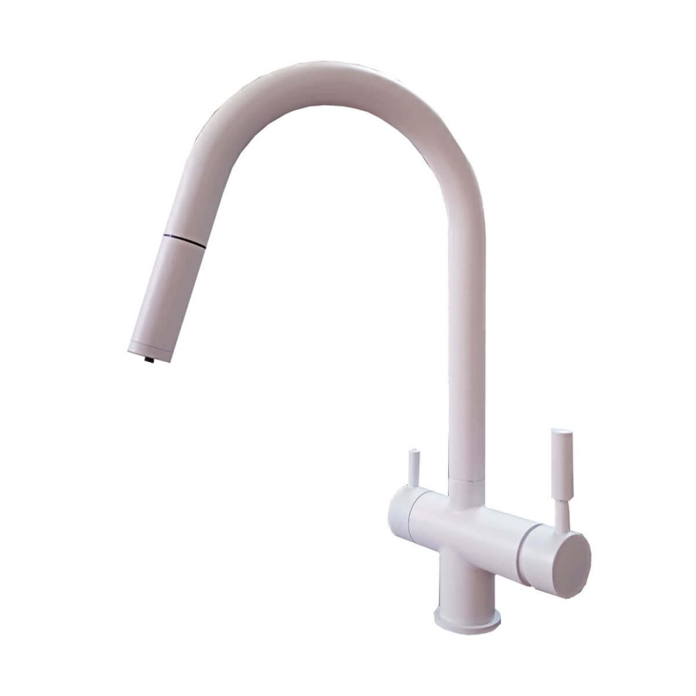 Baterie bucatarie cu 3 cai Premier Extend White, finisaj alb, furtun extensibil cu dus, flux separat pentru apa filtrata si apa menajera rece si calda