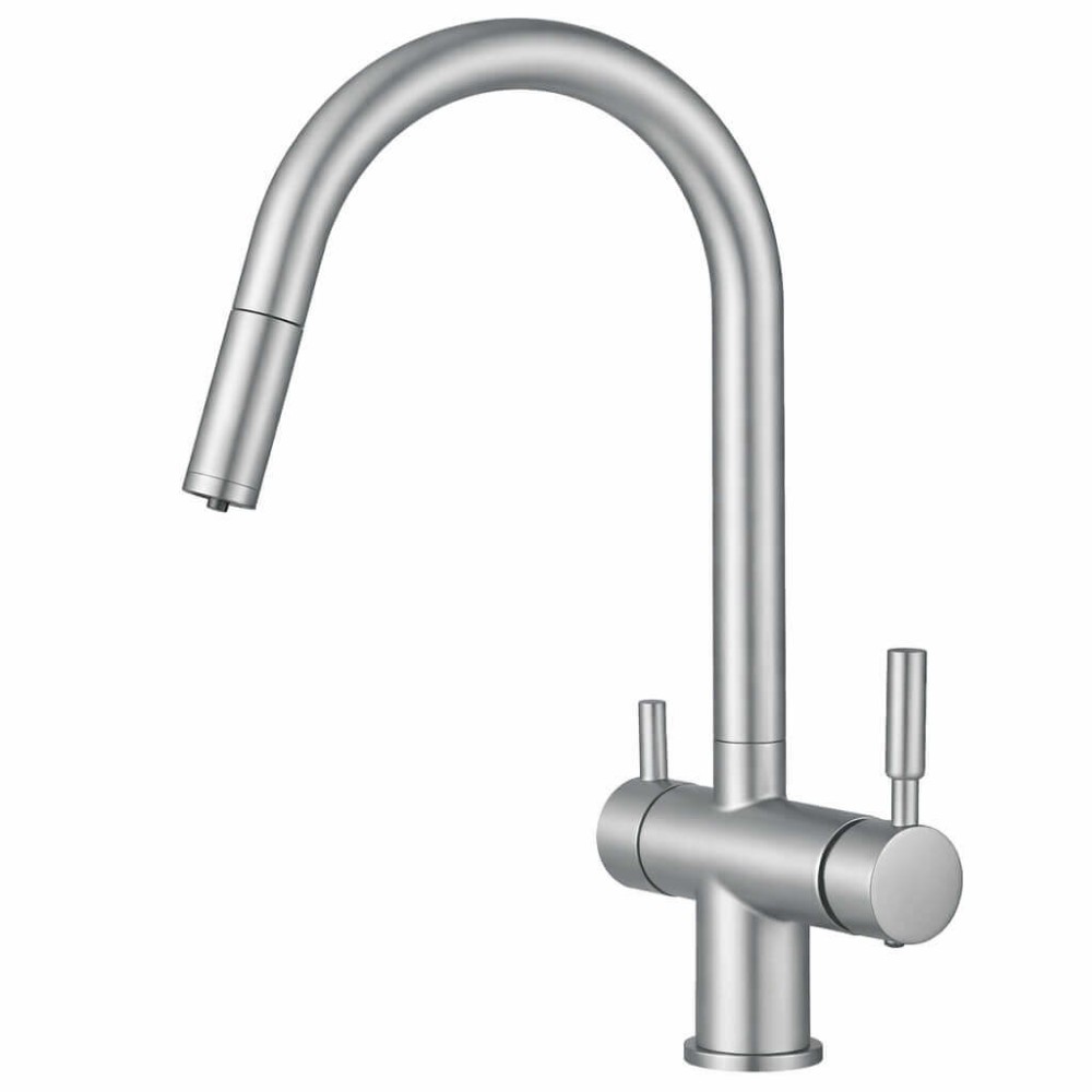 Baterie 3 căi Premier Extend Satin, finisaj crom lucios, furtun extensibil cu duș, flux separat pentru apă filtrată și apă menajeră rece și caldă