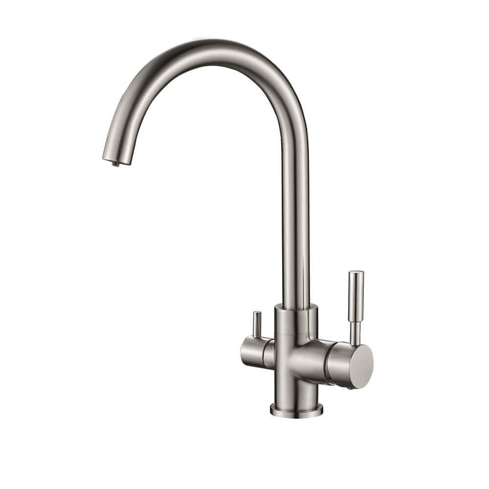 Baterie de bucatarie cu 3 cai Premier Clasic Satin, flux separat pentru apa filtrata, cartuse ceramice, finisaj satinat mat, montaj pe chiuveta, racorduri incluse