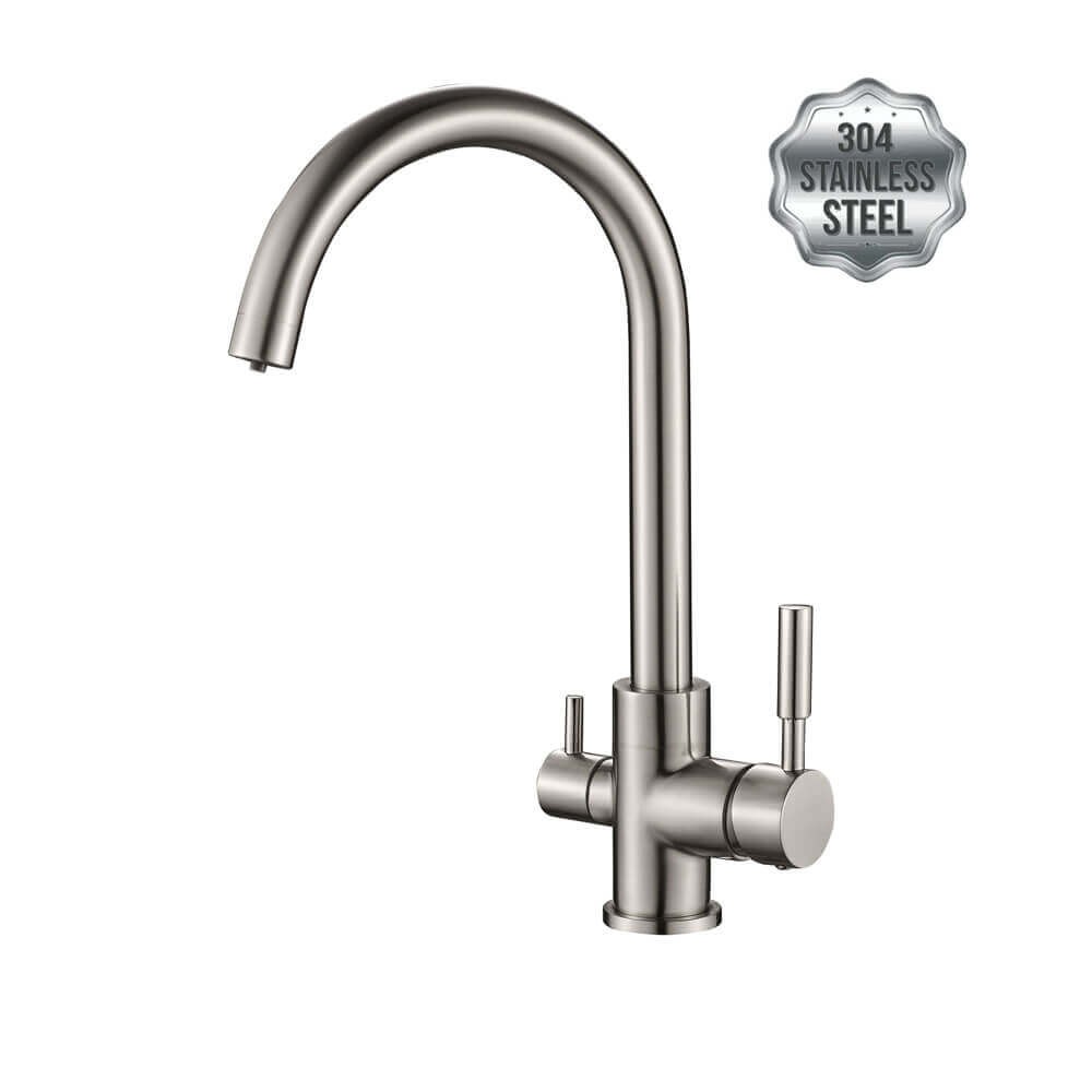 Baterie de bucatarie cu 3 cai Premier Clasic Satin, flux separat pentru apa filtrata, cartuse ceramice, finisaj satinat mat, montaj pe chiuveta, racorduri incluse