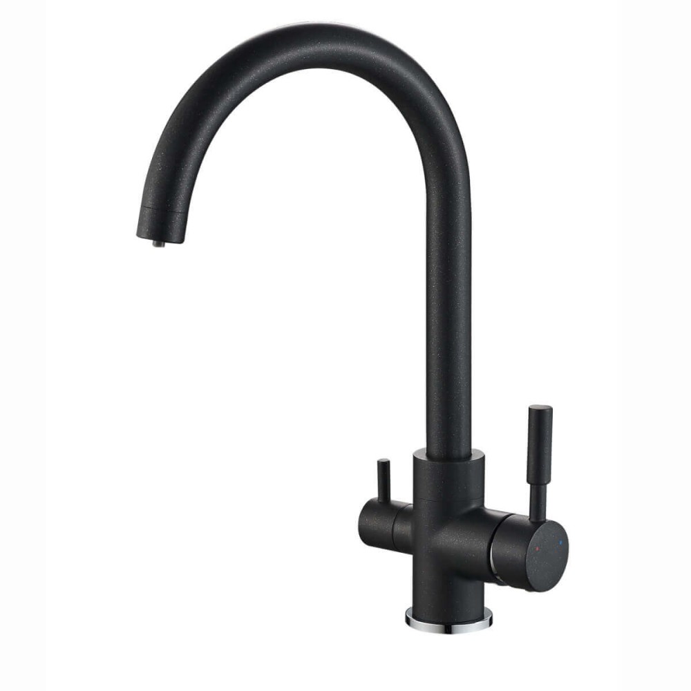 Baterie bucatarie 3 cai Premier Clasic Black Stone, finisaj negru granit, cartuse ceramice, flux separat pentru apa filtrata, racorduri incluse, montaj pe chiuveta