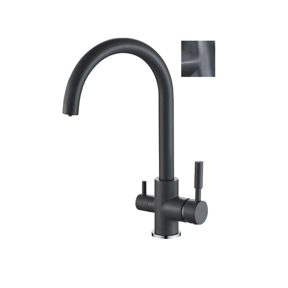 Baterie bucătărie 3 căi Premier Clasic Black Flash, flux separat apă filtrată, finisaj negru lucios, cartușe ceramice, montaj pe chiuvetă cu racorduri incluse