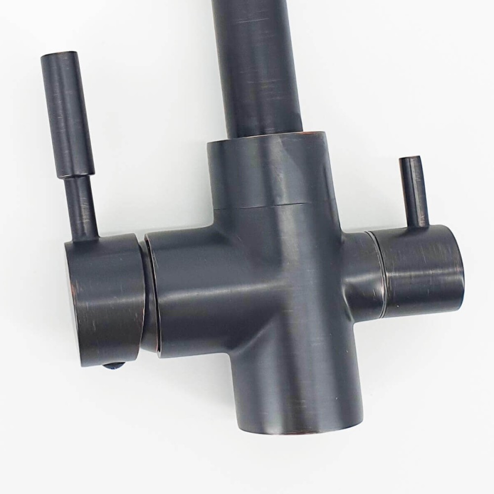 Baterie bucătărie 3 căi Premier Clasic Black Flash, flux separat apă filtrată, finisaj negru lucios, cartușe ceramice, montaj pe chiuvetă cu racorduri incluse