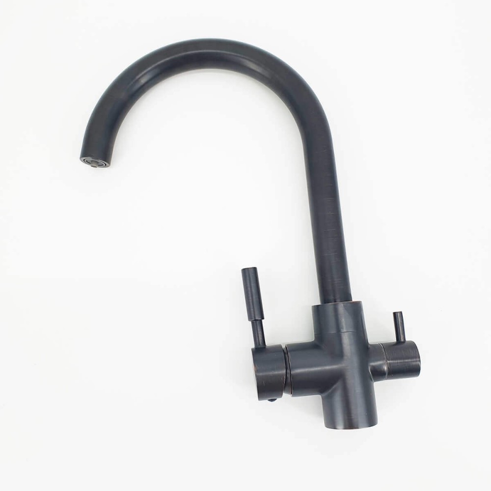 Baterie bucătărie 3 căi Premier Clasic Black Flash, flux separat apă filtrată, finisaj negru lucios, cartușe ceramice, montaj pe chiuvetă cu racorduri incluse