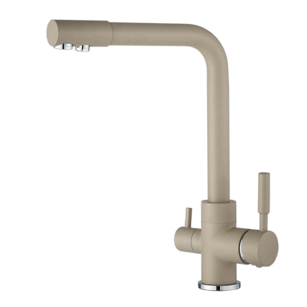 Baterie de bucatarie cu 3 cai Premier Tall Oat, finisaj bej mat granit, cale separata pentru apa filtrata, cartuse ceramice, montaj pe chiuveta