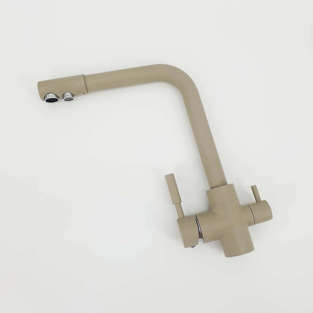 Baterie de bucatarie cu 3 cai Premier Tall Oat, finisaj bej mat granit, cale separata pentru apa filtrata, cartuse ceramice, montaj pe chiuveta