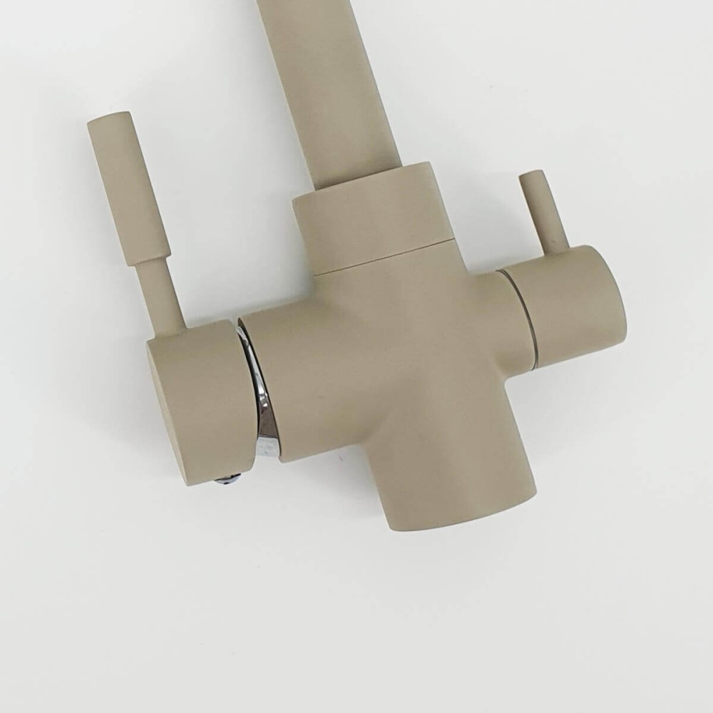 Baterie de bucatarie cu 3 cai Premier Tall Oat, finisaj bej mat granit, cale separata pentru apa filtrata, cartuse ceramice, montaj pe chiuveta