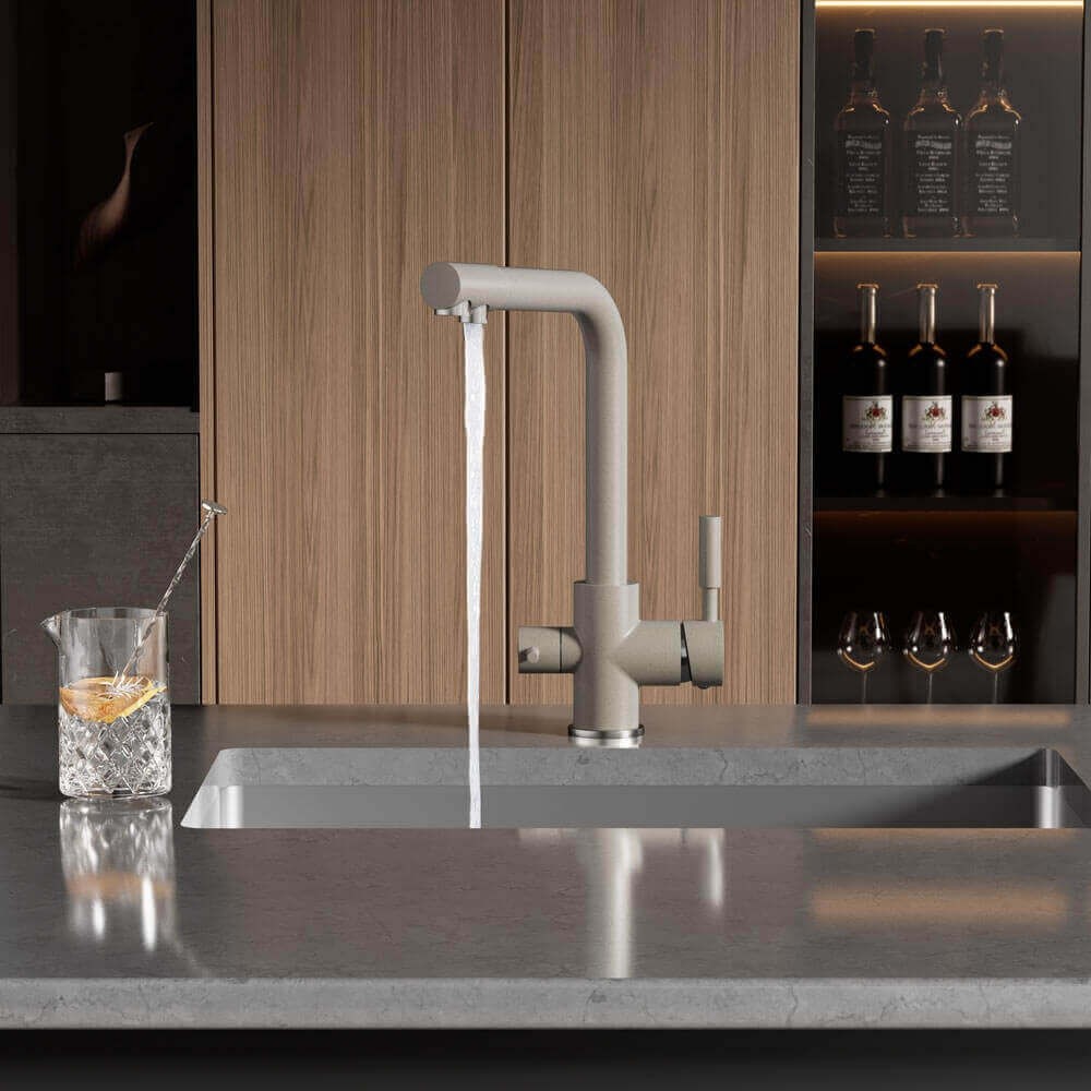 Baterie de bucatarie cu 3 cai Premier Tall Oat, finisaj bej mat granit, cale separata pentru apa filtrata, cartuse ceramice, montaj pe chiuveta