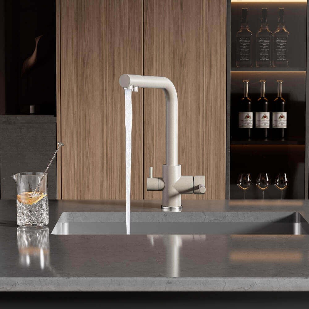 Baterie de bucatarie cu 3 cai Premier Tall Oat, finisaj bej mat granit, cale separata pentru apa filtrata, cartuse ceramice, montaj pe chiuveta