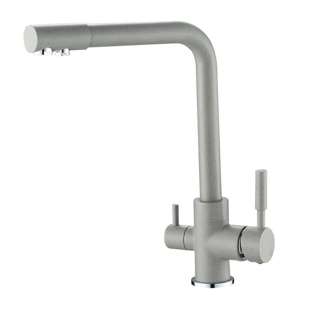 Baterie bucatarie 3 cai Premier Tall Grey Stone, flux separat apa filtrata, finisaj gri mat design granit, corp alama cu cartuse ceramice, montaj pe chiuveta