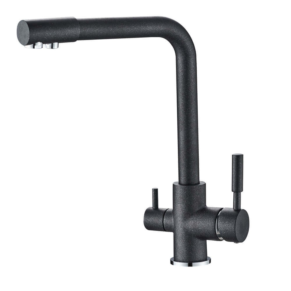Baterie bucatarie 3 cai Premier Tall Black Stone, finisaj negru granit lucios, cale separata apa filtrata, cartuse ceramice si corp din alama