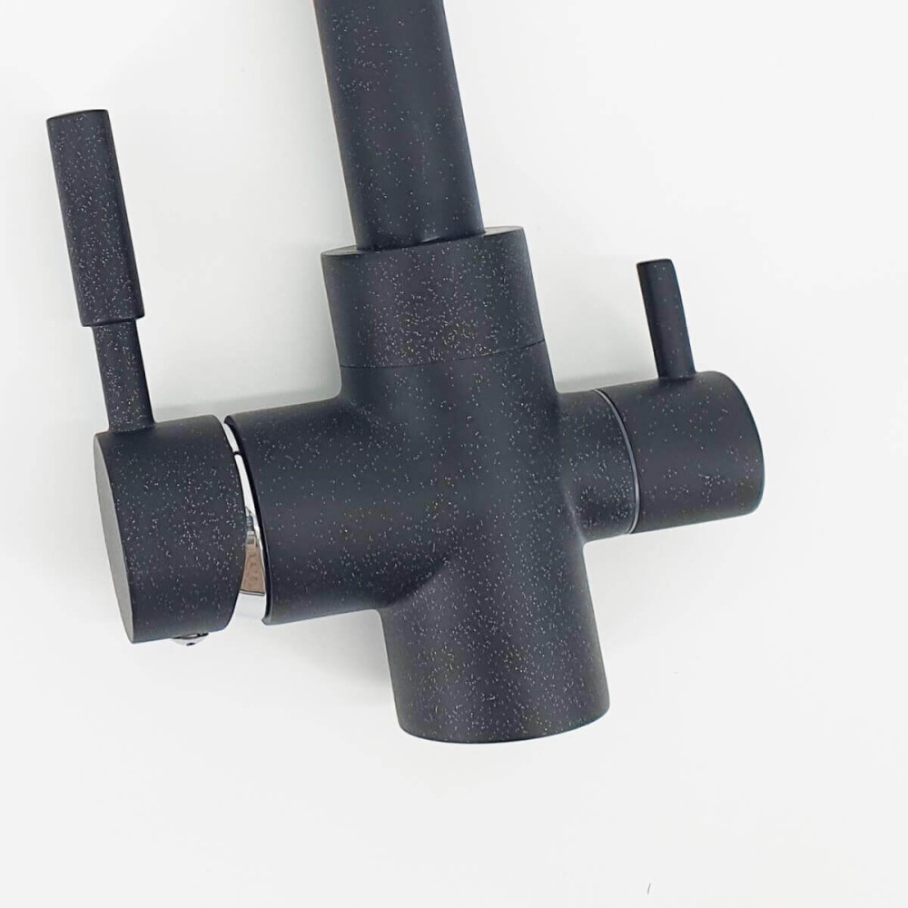 Baterie bucatarie 3 cai Premier Tall Black Stone, finisaj negru granit lucios, cale separata apa filtrata, cartuse ceramice si corp din alama