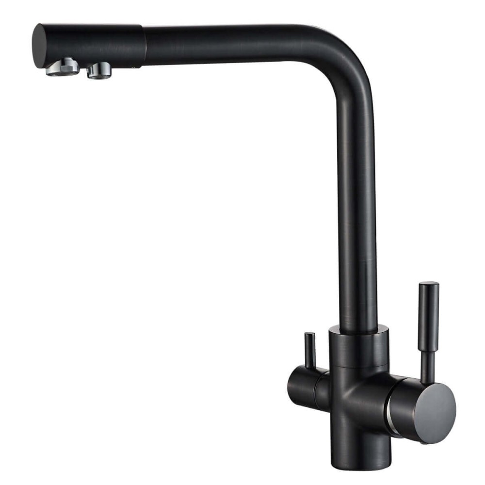 Baterie de bucatarie cu 3 cai Premier Tall Black Flash, finisaj negru lucios, flux separat pentru apa filtrata si menajera, corp din alama cu cartuse ceramice, montaj pe chiuveta