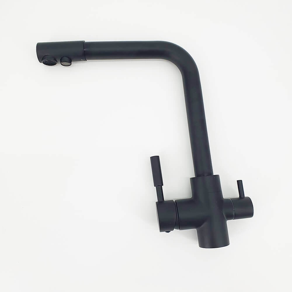 Baterie de bucatarie cu 3 cai Premier Tall Black Flash, finisaj negru lucios, flux separat pentru apa filtrata si menajera, corp din alama cu cartuse ceramice, montaj pe chiuveta