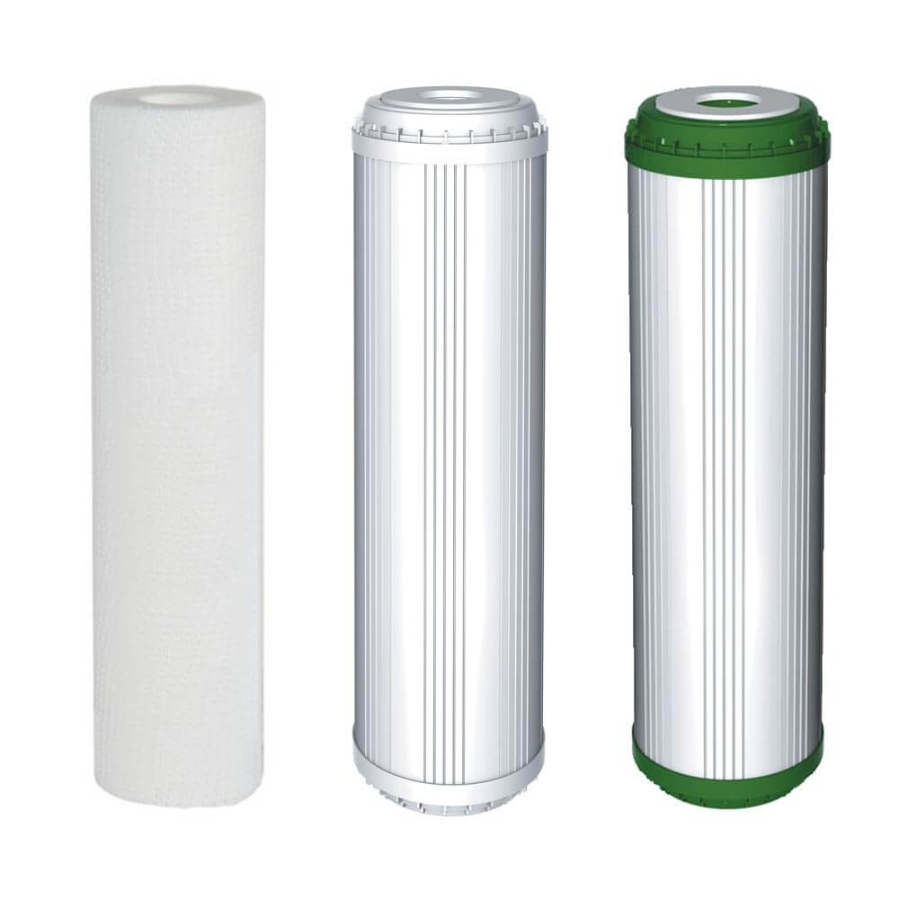 Set 3 cartuse filtrare Aquafilter FL-SET3-DED, dedurizare cu eliminare fier, carbune activat granular cu KDF, 5 microni, dimensiune 2.5x10 inch, 3 stadii de filtrare pentru apa rece