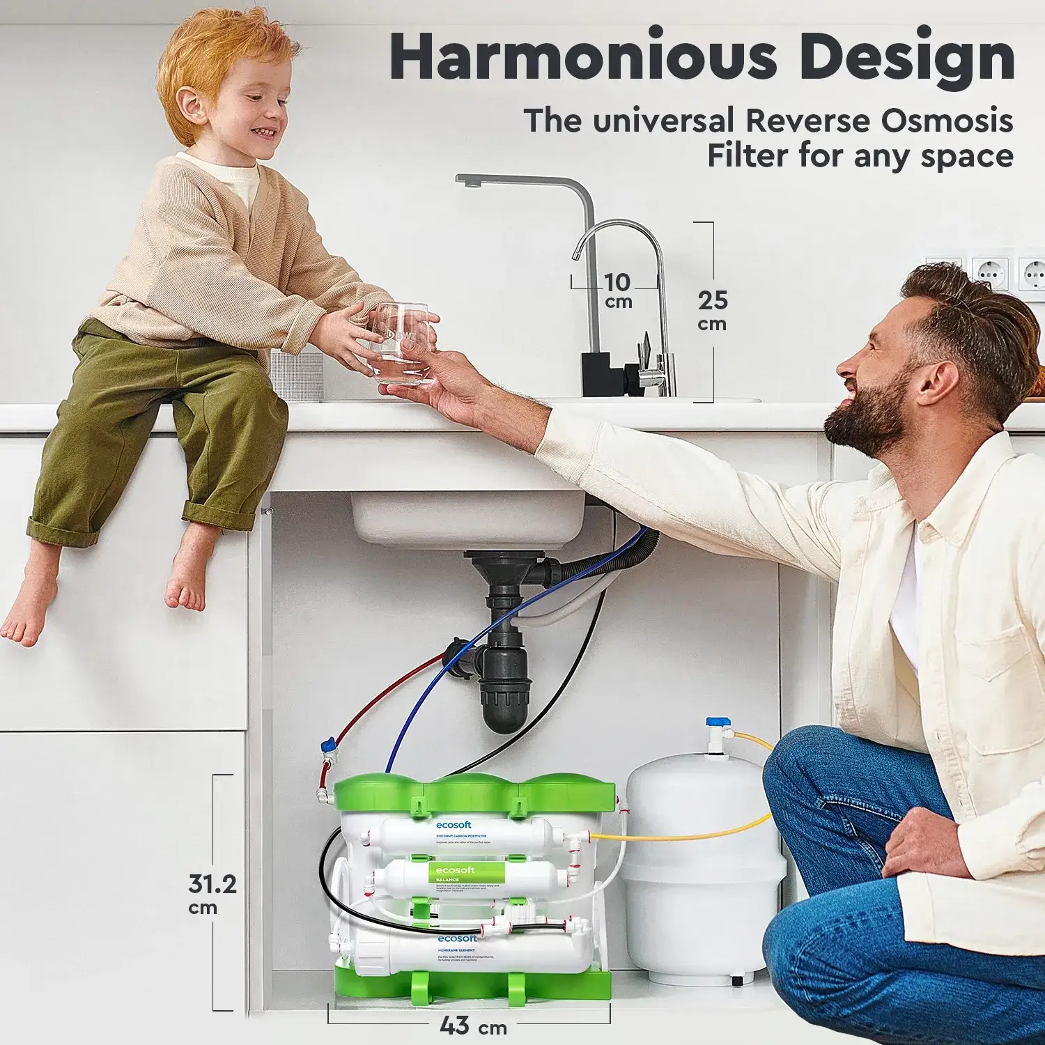 Sistem de filtrare cu osmoza inversa Ecosoft Balance, 6 stadii, membrana 75 GPD, remineralizare cu calciu si magneziu, fara pompa, bazin de stocare inclus