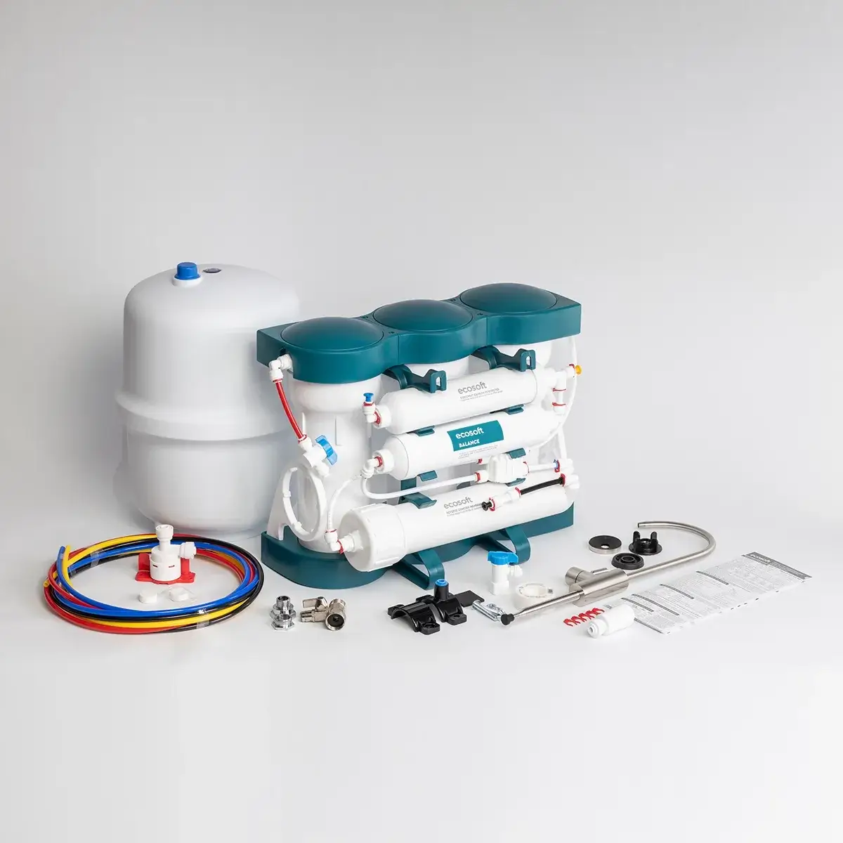 Sistem de filtrare cu osmoza inversa Ecosoft Balance, 6 stadii, membrana 75 GPD, remineralizare cu calciu si magneziu, fara pompa, bazin de stocare inclus