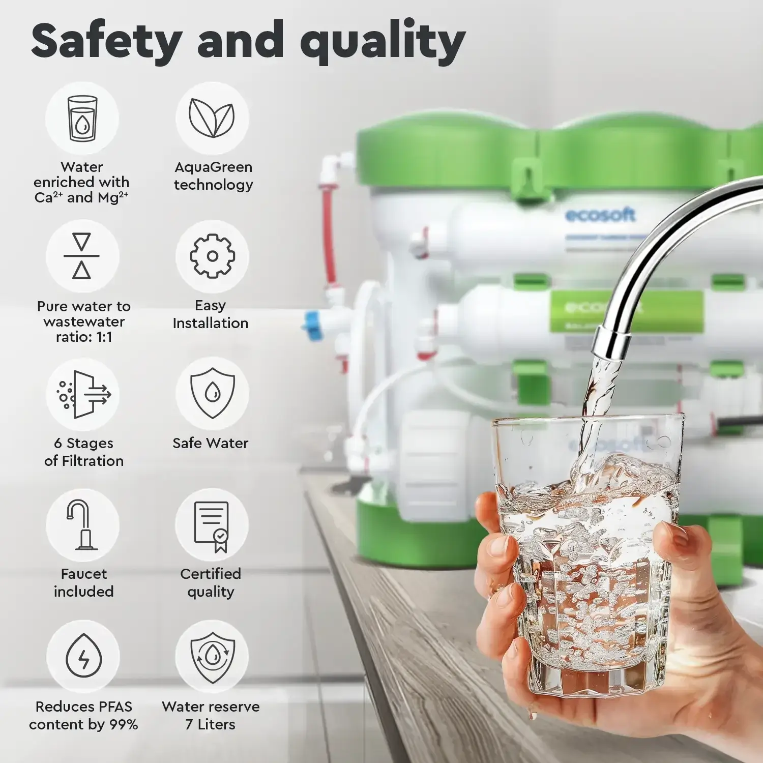 Sistem de filtrare cu osmoza inversa Ecosoft Balance, 6 stadii, membrana 75 GPD, remineralizare cu calciu si magneziu, fara pompa, bazin de stocare inclus