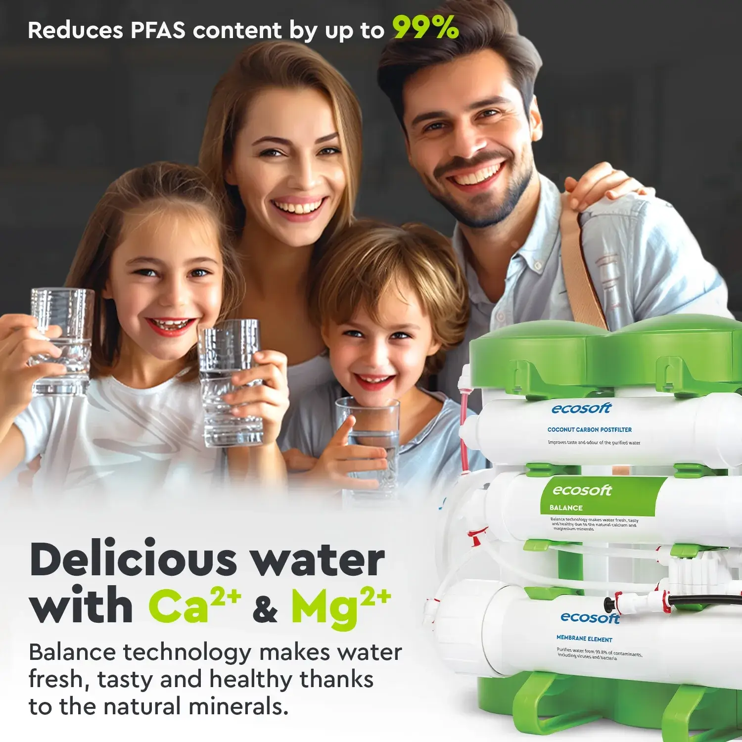 Sistem de filtrare cu osmoza inversa Ecosoft Balance, 6 stadii, membrana 75 GPD, remineralizare cu calciu si magneziu, fara pompa, bazin de stocare inclus