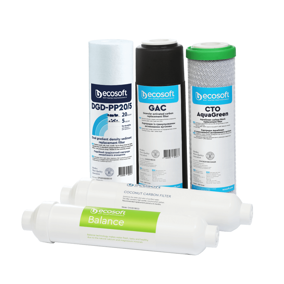 Set 5 cartușe filtrante Ecosoft Balance Intermediar, filtrare 5 stadii cu remineralizare, grad 1 micron, conectori rapizi pentru osmoză inversă, durată 6 luni