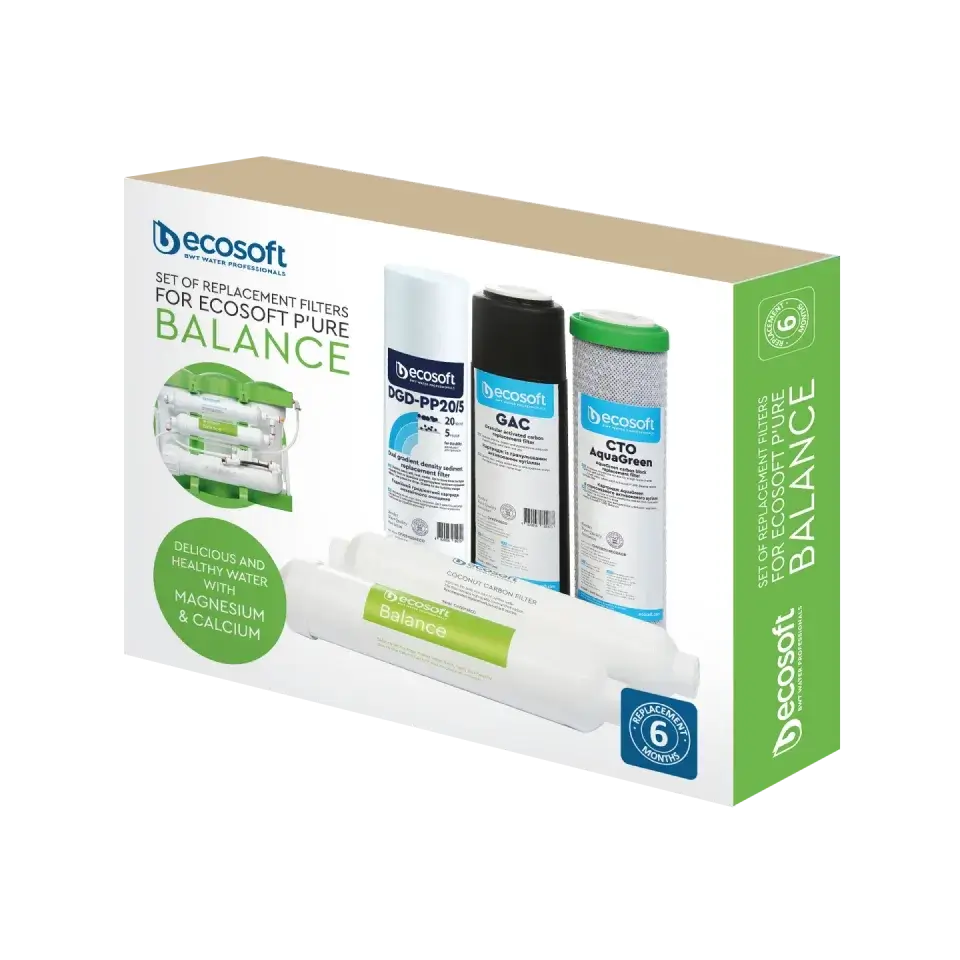 Set 5 cartușe filtrante Ecosoft Balance Intermediar, filtrare 5 stadii cu remineralizare, grad 1 micron, conectori rapizi pentru osmoză inversă, durată 6 luni