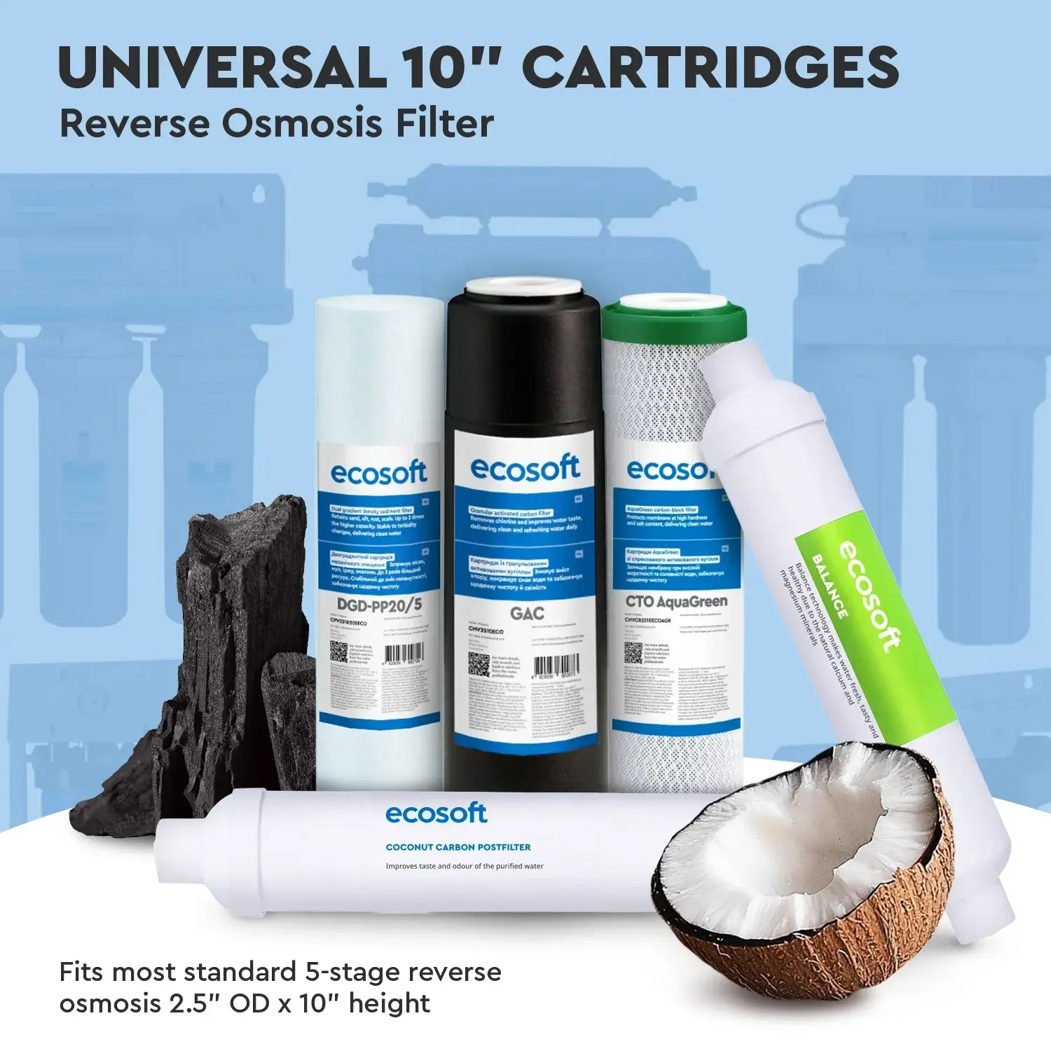 Set 5 cartușe filtrante Ecosoft Balance Intermediar, filtrare 5 stadii cu remineralizare, grad 1 micron, conectori rapizi pentru osmoză inversă, durată 6 luni