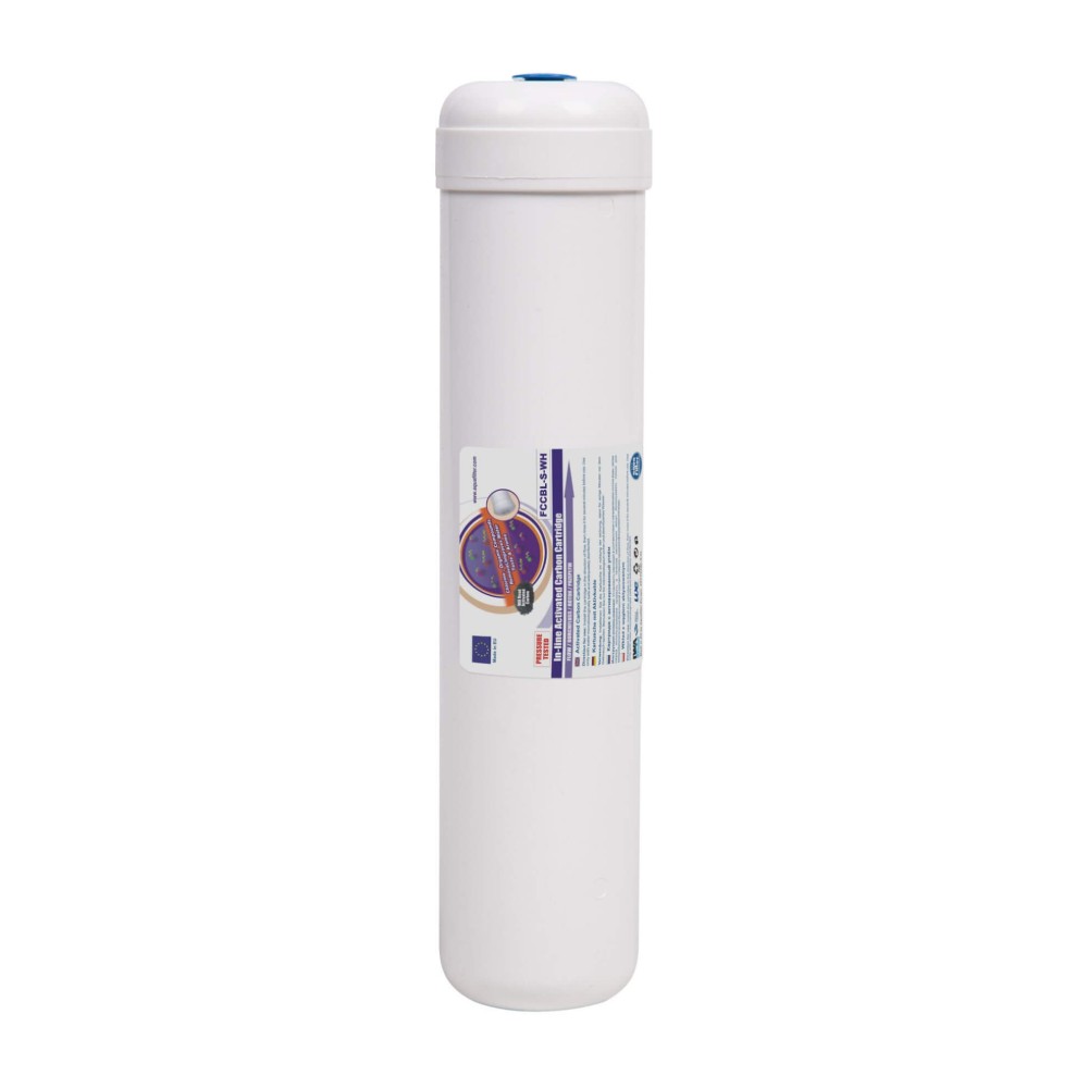Cartus filtrant inline Aquafilter AF-AQ-CTOS, carbune activ bloc cu ioni de argint, filete 1/4″, carcasa alba 12″x2.5″