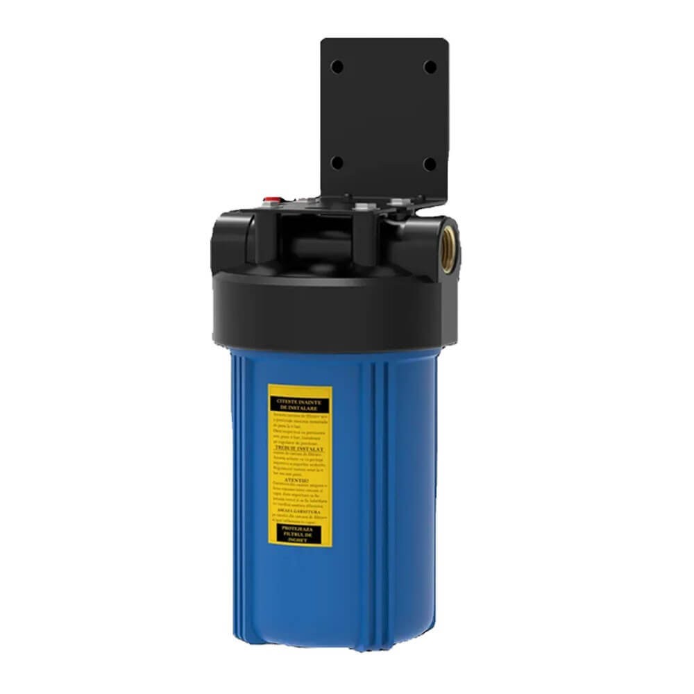 Carcasa filtru FILTRO Big Blue 10, conexiune 1 inch alama, cartus 4.5x10, supapa presiune, suport metalic si cheie strangere, debit 35 l/min, apa rece toata casa