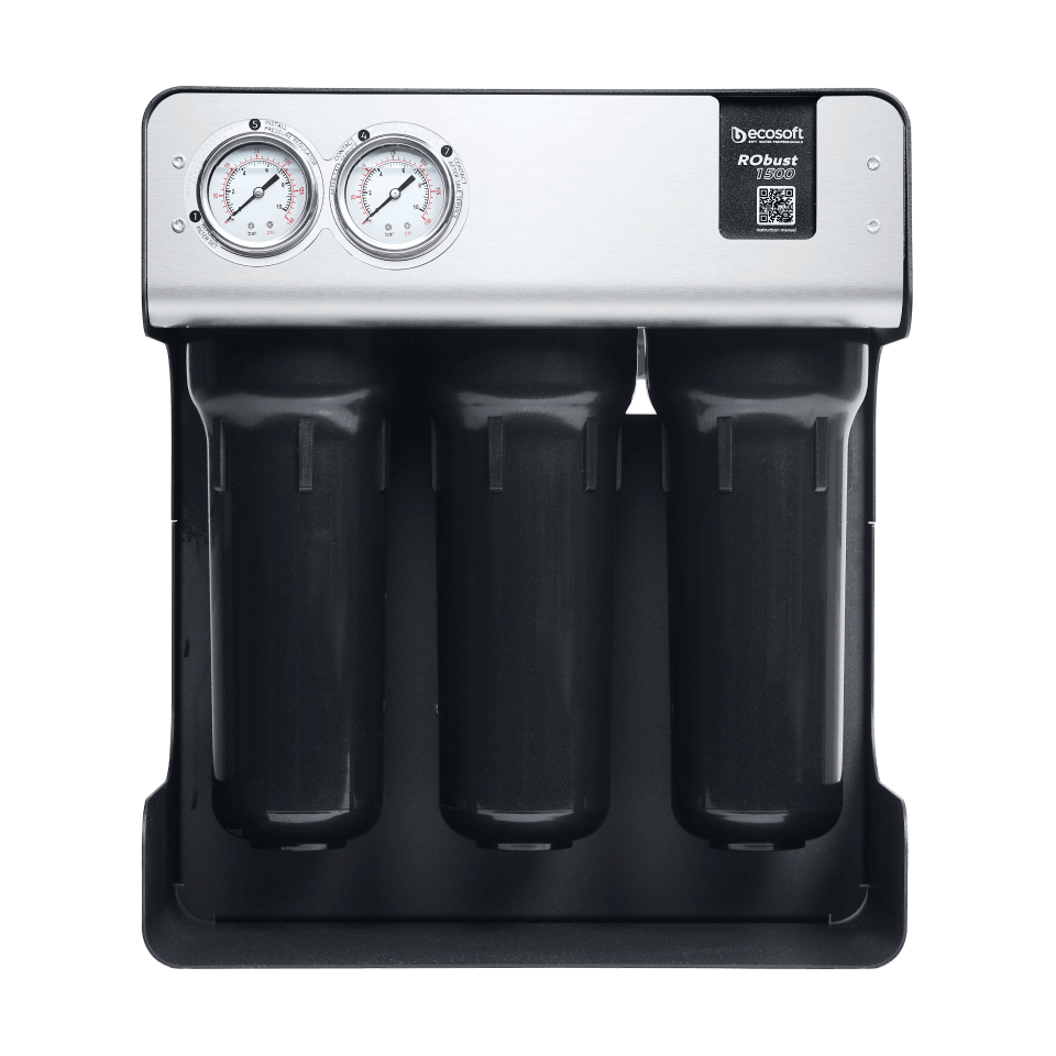 Sistem osmoza inversa profesionala Ecosoft RoBust 1500, membrana 500 GPD, debit direct fara bazin, pompa booster inclusa, filtrare in 4 stadii