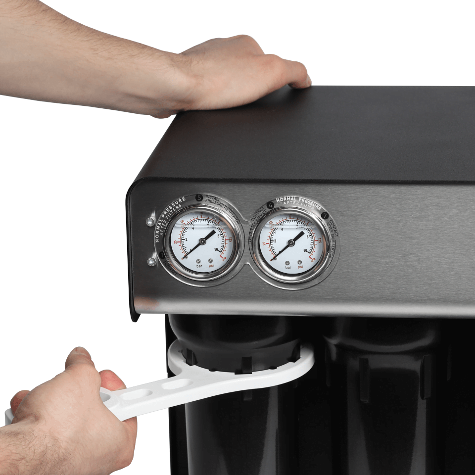 Sistem osmoza inversa profesionala Ecosoft RoBust 1500, membrana 500 GPD, debit direct fara bazin, pompa booster inclusa, filtrare in 4 stadii