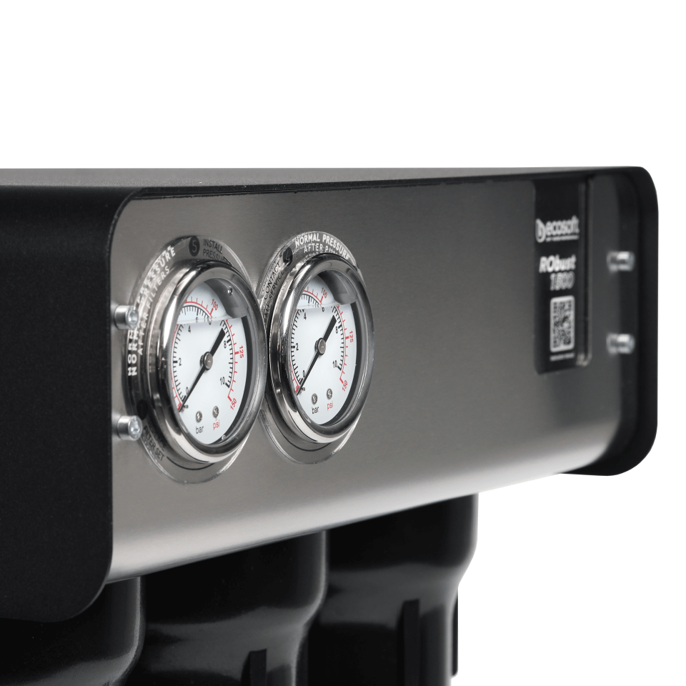 Sistem osmoza inversa profesionala Ecosoft RoBust 1500, membrana 500 GPD, debit direct fara bazin, pompa booster inclusa, filtrare in 4 stadii