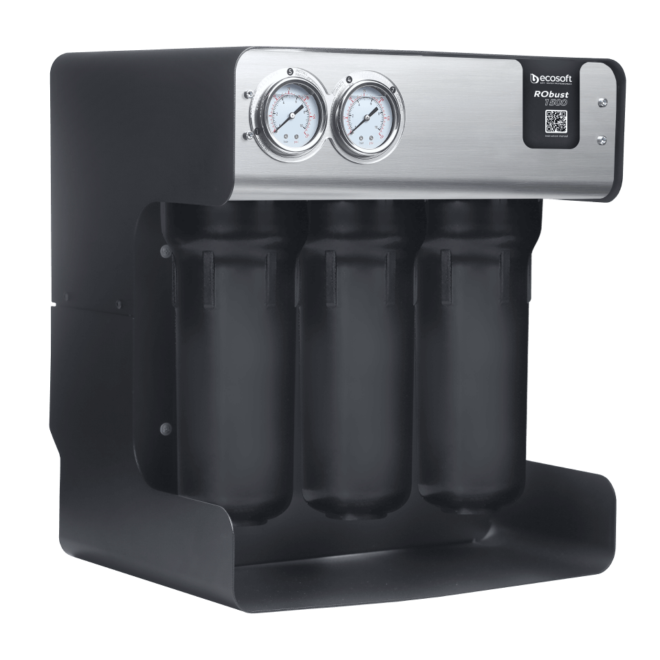 Sistem osmoza inversa profesionala Ecosoft RoBust 1500, membrana 500 GPD, debit direct fara bazin, pompa booster inclusa, filtrare in 4 stadii