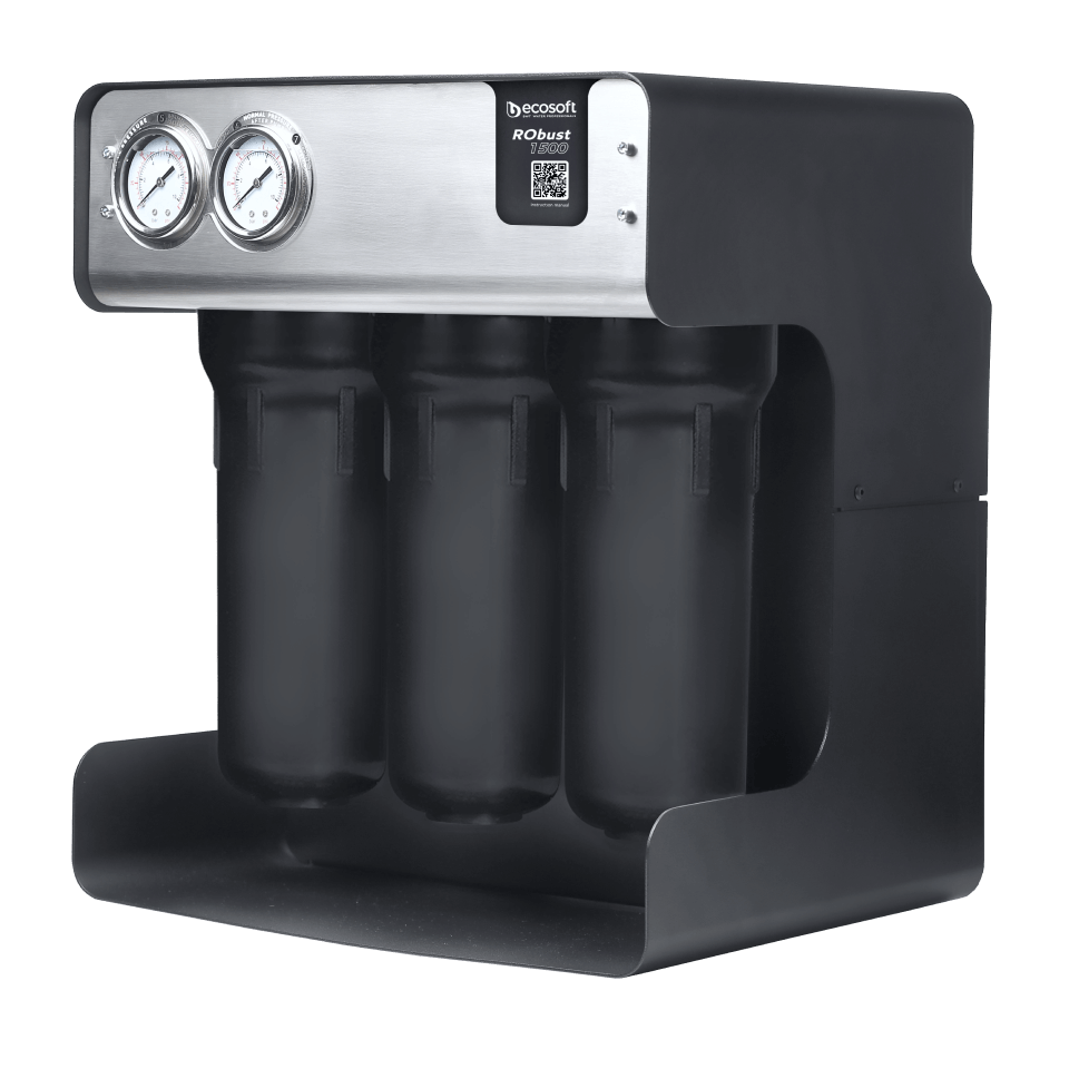 Sistem osmoza inversa profesionala Ecosoft RoBust 1500, membrana 500 GPD, debit direct fara bazin, pompa booster inclusa, filtrare in 4 stadii