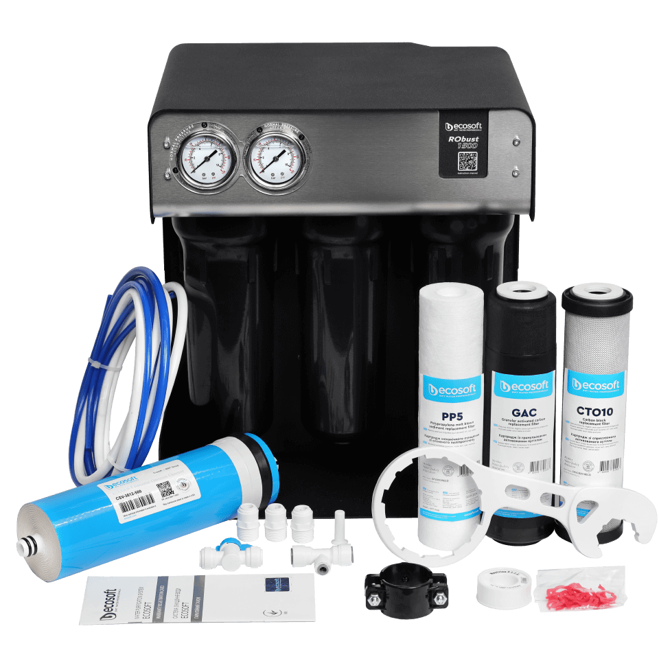 Sistem osmoza inversa profesionala Ecosoft RoBust 1500, membrana 500 GPD, debit direct fara bazin, pompa booster inclusa, filtrare in 4 stadii