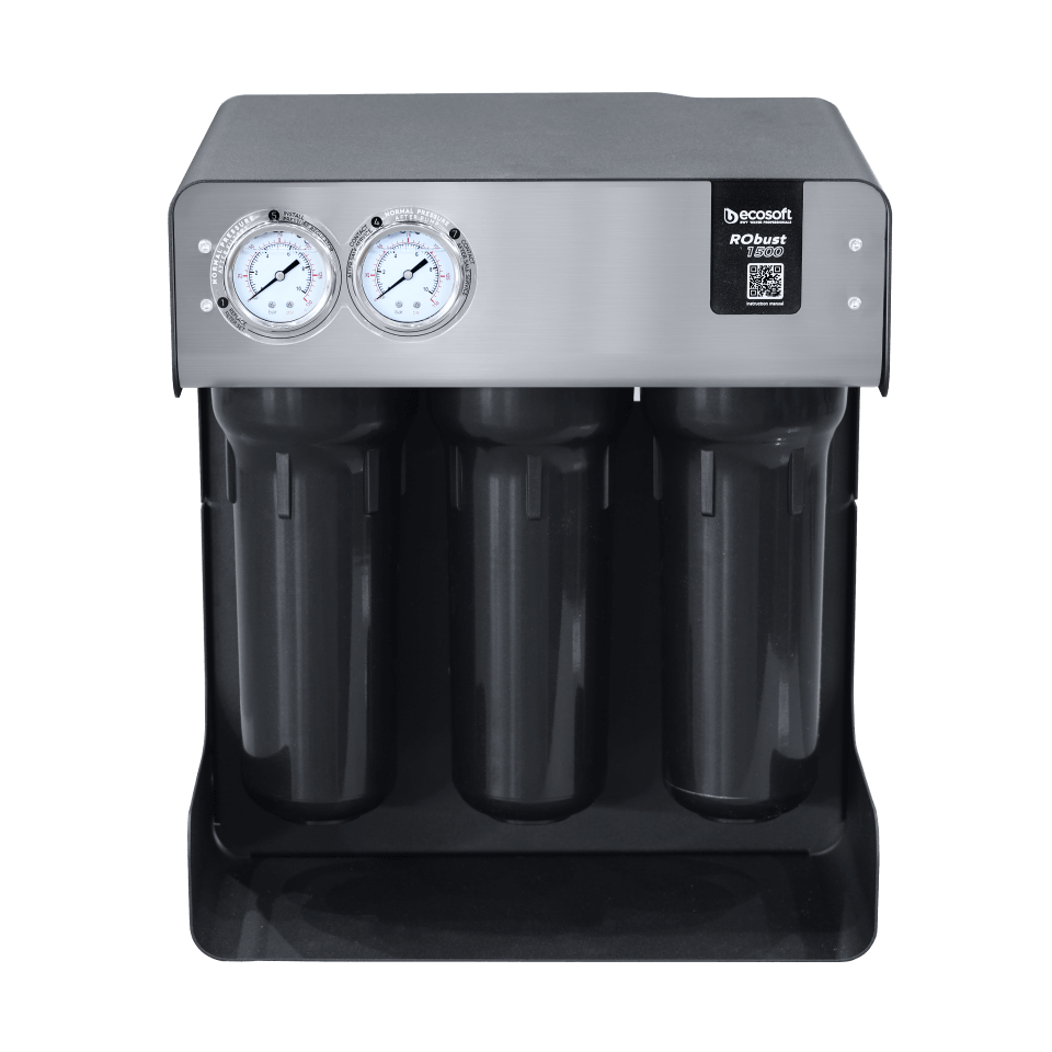 Sistem osmoza inversa profesionala Ecosoft RoBust 1500, membrana 500 GPD, debit direct fara bazin, pompa booster inclusa, filtrare in 4 stadii