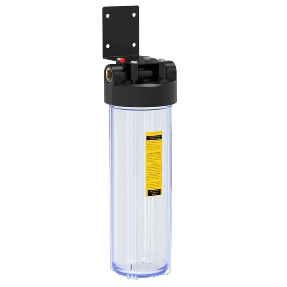 Carcasa filtru Big Blue transparenta FILTRO BIG CLEAR 20, conexiune 1 inch alama, supapa eliberare presiune, cartus 4.5x20 inch, suport metalic inclus, debit 50 litri/min