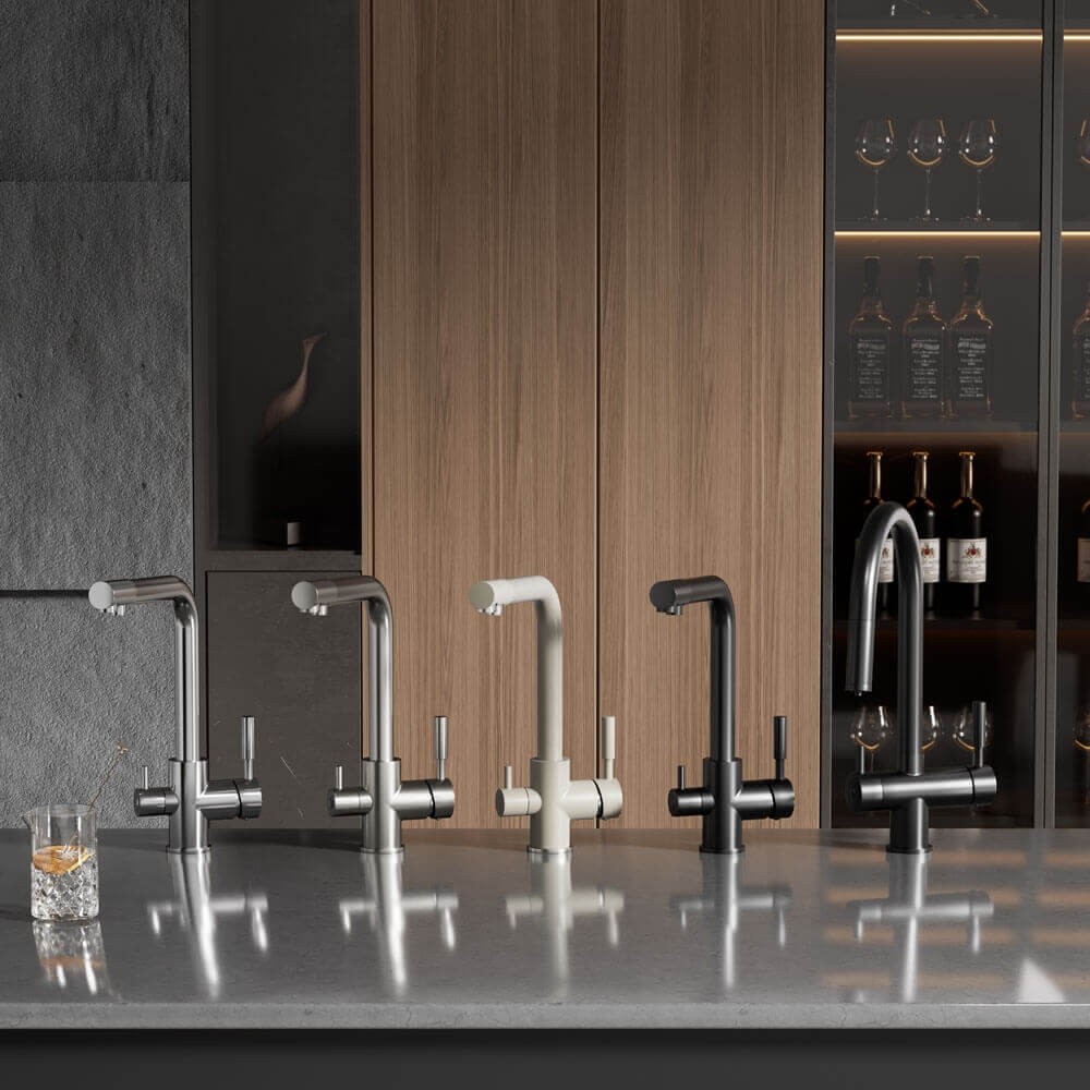 Baterie de bucatarie cu 3 cai Premier Tall Chrome, monocomanda cu pipa pivotanta 360°, cartus ceramic, finisaj cromat, alimentare separata apa filtrata, rece si calda